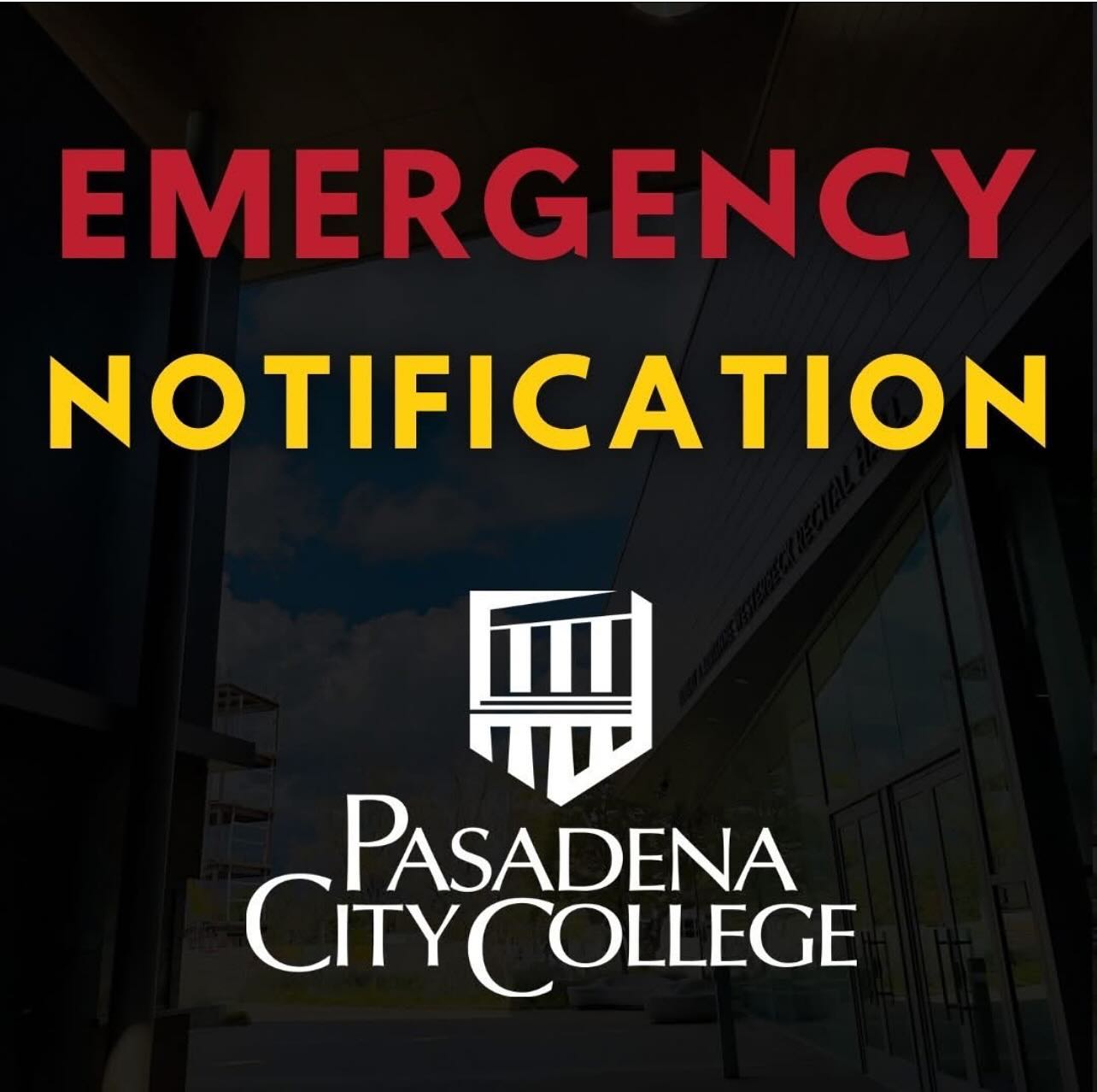 Stay safe everyone! Message from PCC during the fires: Dear Lancer Community: 

Due to extreme weather conditions, all evening classes at all PCC campuses are canceled. For those unable to commute safely, the WiFi Lounge in the Campus Center will be open as a shelter. If you’re at the Community Education Center, the Multipurpose Room is also available for your safety.

Please continue to monitor your email and text messages for further updates through Rave Alerts.
Your safety is our top priority. Take care and stay safe.

To receive timely updates, please sign up for Rave Alerts here: https://www.getrave.com/login/pasadena