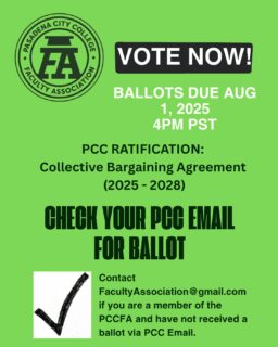 The #PCCFA invites members to ratify the Collective Bargaining Agreement (2025 - 2028) by August 1, 4pm PST. Please check your email for the electronic ballot and information about the proposed changes to our contract. You can also visit our website at pccfacultyassociation.org #pasadenacitycollege #PCCFacultyAssociation