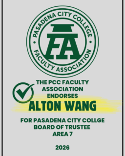 The PCCFA Endorses the following candidates for election to the Pasadena City College Board of Trustees for 2026! STEVE GIBSON for Area 3; ALTON WANG for Area 7; KRISTINE KWONG for Area 5. Join us in making sure these candidates are elected to the Pasadena City College Board of Trustees! #PCCFA @altonwang @kwongforpcc #SteveGibson #Pasadena