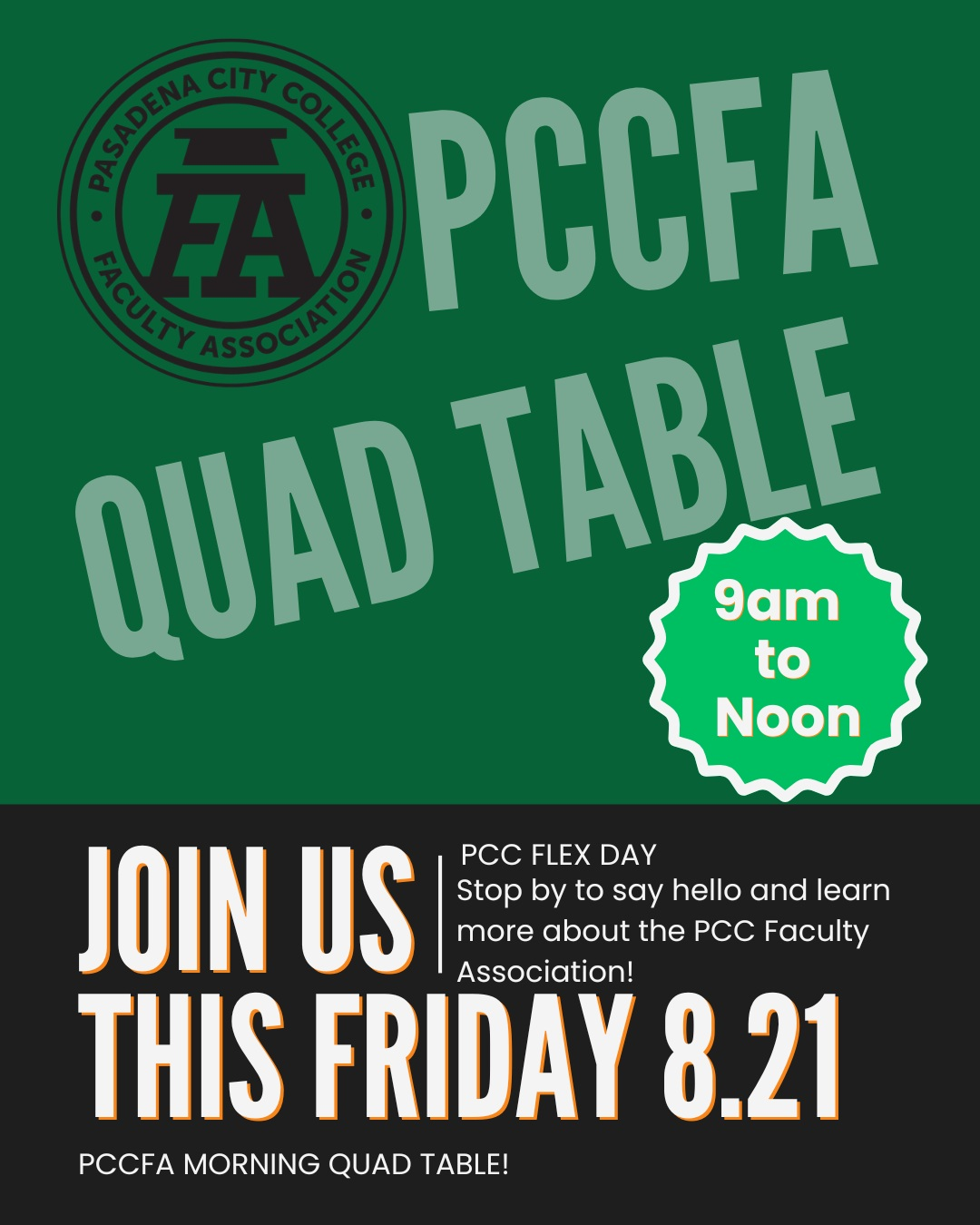 Pasadena City College Professional Learning Day happens this Friday, 8.21.2026 and the PCCFA will be out in force in the QUAD! Stop by our info table to say hello, meet peers and new board members, sign up to join the PCCFA if you aren't yet a member, and to pick up information and official PCCFA swag! We are looking forward to seeing you! #PCCFA #PCCFacultyAssociation #FacultyUnion #PasadenaCityCollege #PCCLancers