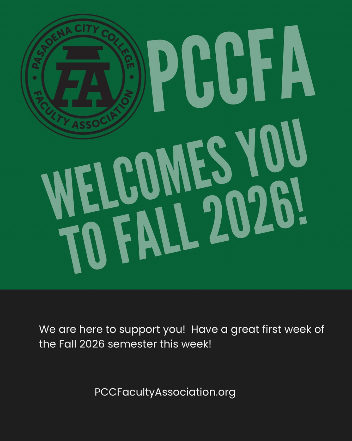 Welcome back to campus to our PCC FA members and constituents! This is going to be a great Fall 2026 semester! We hope to connect with you soon but for now your Wxecutive Board Members wanted to wish you a great first week! We hope to see you at this Thursday’s Welcome Back lunch at Noon in Creveling and bring a friend! #pccfa #pccfacultyassociation #union #pasadenacitycollege #pcclancers