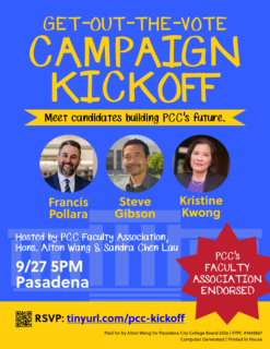 The PCCFA has endorsed the following candidates for the upcoming Pasadena City College Board of Trustees election in November 2026:
FRANCIS POLLARA for Area 1
STEVE GIBSON for Area 3
KRISTINE KWONG for Area 5.
ALTON WANG for Area 7
Please come out for a Get-Out-the-Vote Campaign Kickoff set for Sunday, September, 27 at 5PM.
RSVP for the location!